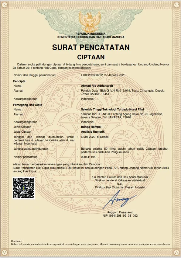 Dosen TI STT NF Meraih Sertifikat HKI Dari Book Chapter “Analisis Numerik”